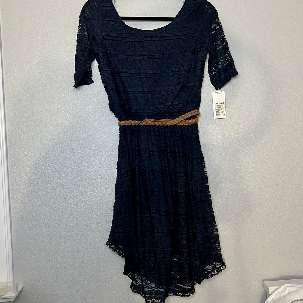 Rewind Navy Blue Lace Dress with 3/4 Length Sheer Sleeves and Belt NWT